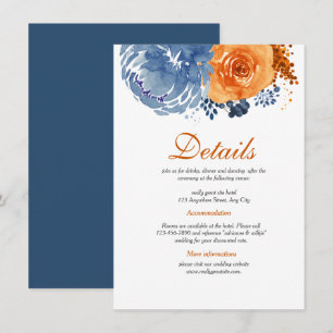 Bavy Blue Burnt Orange Floral Fall Wedding Details Enclosure Card