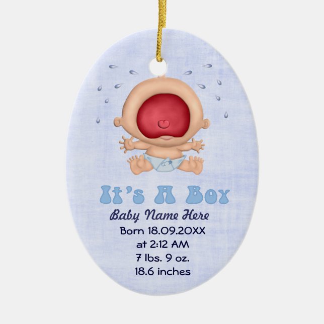 Bawling Baby - boy Announcement Keepsake Ceramic Tree Decoration (Front)