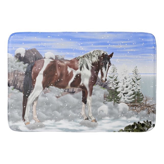 Bay and White Tobiano Paint Horse in Snow Bath Mat (Front)