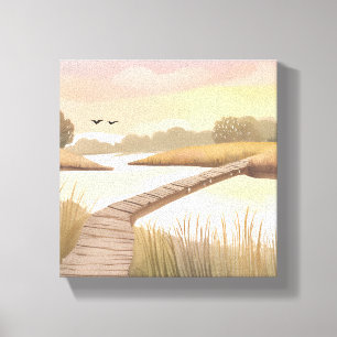 Bay Boardwalk   Airy Coastal Watercolor Painting Canvas Print