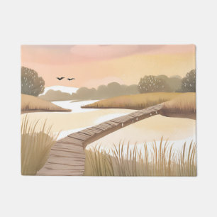 Bay Boardwalk   Airy Coastal Watercolor Painting Doormat