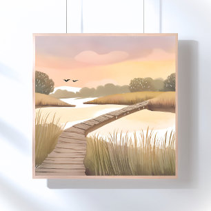 Bay Boardwalk   Airy Coastal Watercolor Painting Poster