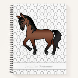 Bay Brown Cartoon Trotting Horse & Custom Text Notebook