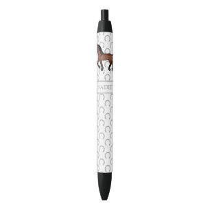 Bay Brown Cute Cartoon Trotting Horse & Name Black Ink Pen