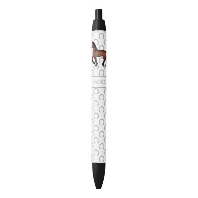 Bay Brown Cute Cartoon Trotting Horse & Name Black Ink Pen (Front Vertical)