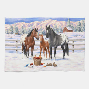 Bay Chestnut Grey Grulla Appaloosa Horses In Snow Tea Towel