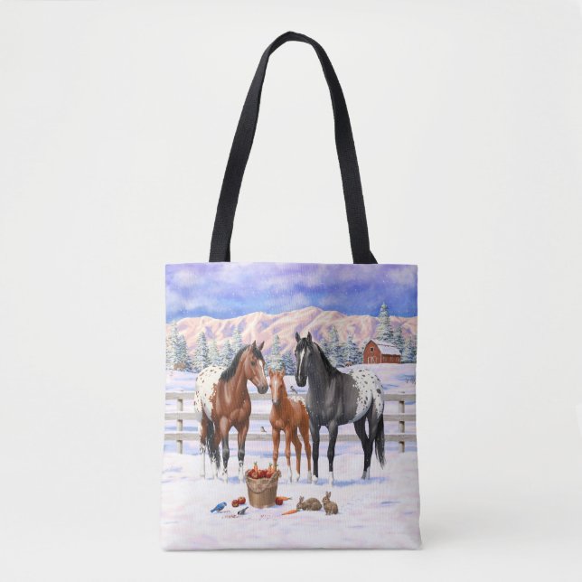 Bay Chestnut Grey Grulla Appaloosa Horses In Snow Tote Bag (Front)