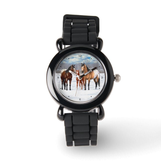 Bay Chestnut Grey Grulla Appaloosa Horses In Snow Watch (Front)