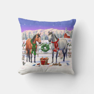Bay & Dapple Grey Horses in Snow Christmas Farm Cushion