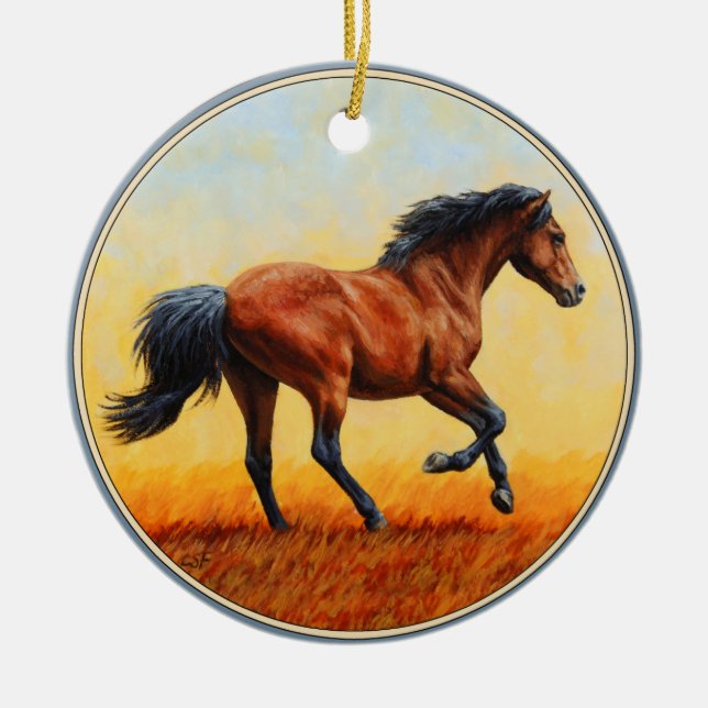 Bay Horse Galloping Ceramic Tree Decoration (Front)