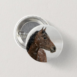 Bay Horse Standing in Gently Falling Snow 3 Cm Round Badge
