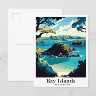 Bay Island New Zealand Vintage Travel Illustration Postcard