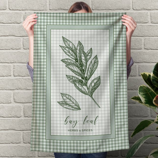 Bay Leaf Herb Kitchen Towel – Green Gingham Border (Bay Leaf Herb Kitchen Towel – Green Gingham Border)