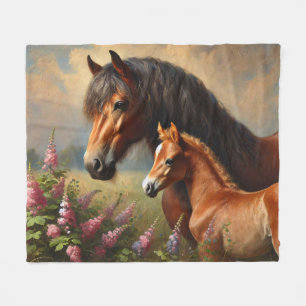 Bay Mare with a Foal Wildflowers Painting Fleece Blanket