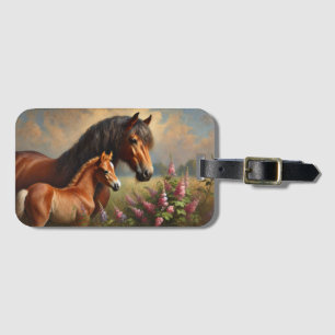 Bay Mare with a Foal Wildflowers Painting Luggage Tag