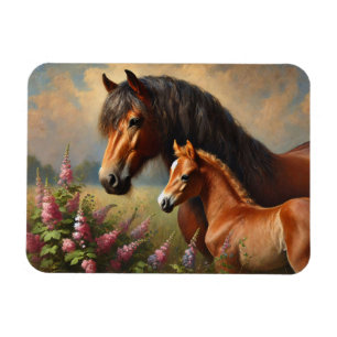 Bay Mare with a Foal Wildflowers Painting Magnet