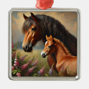 Bay Mare with a Foal Wildflowers Painting Metal Tree Decoration