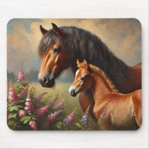 Bay Mare with a Foal Wildflowers Painting Mouse Pad