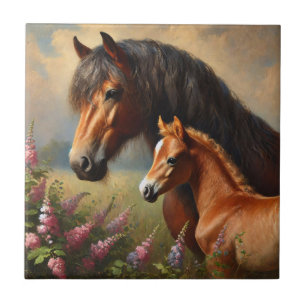 Bay Mare with a Foal Wildflowers Painting Tile