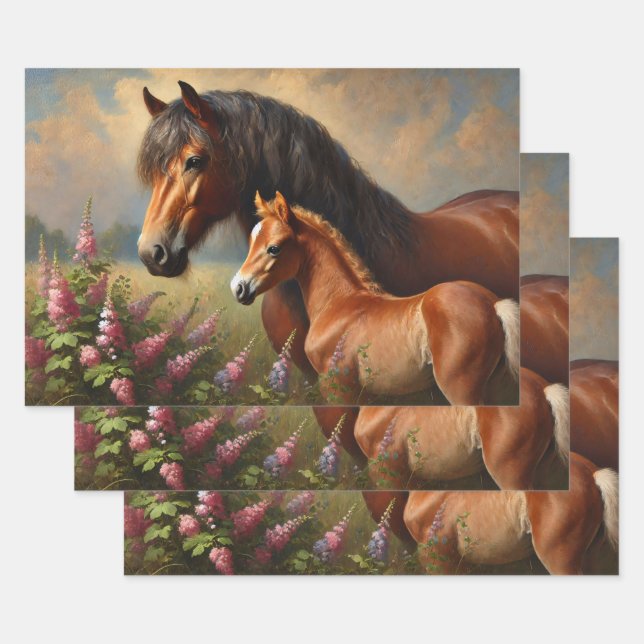 Bay Mare with a Foal Wildflowers Painting Wrapping Paper Sheet (Set)