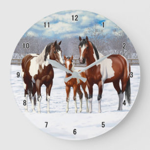 Bay Paint Horses In Snow Large Clock