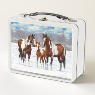 Bay Paint Horses In Snow Metal Lunch Box