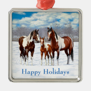 Bay Paint Horses In Snow Metal Tree Decoration