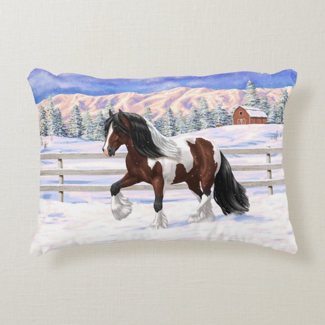 Bay Pinto Brown Skewbald Gypsy Vanner Tinker Horse Decorative Cushion (Front)