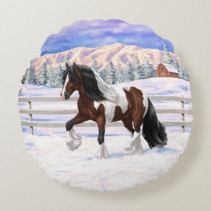 Bay Pinto Brown Skewbald Gypsy Vanner Tinker Horse Round Cushion