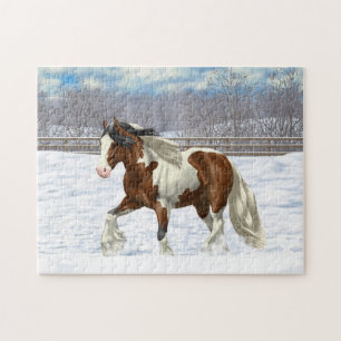 Bay Pinto Gypsy Vanner Draft Horse In Snow Jigsaw Puzzle