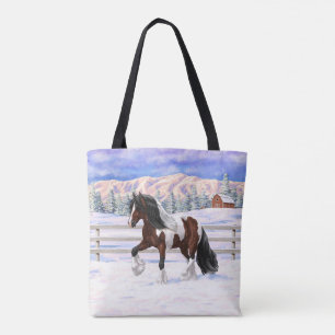 Bay Pinto Gypsy Vanner Draught Horse In Snow Tote Bag