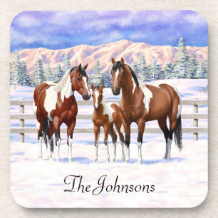 Bay Pinto Paint Horses In Winter Snow Coaster