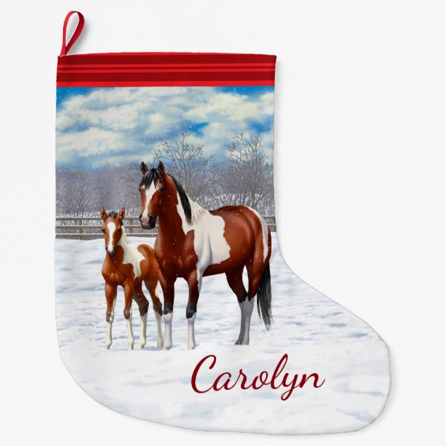 Bay Pinto Paint Horses In Winter Snow Large Christmas Stocking (Front)