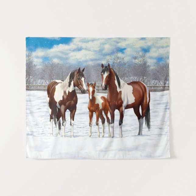 Bay Pinto Paint Horses In Winter Snow Tapestry (Front (Horizontal))