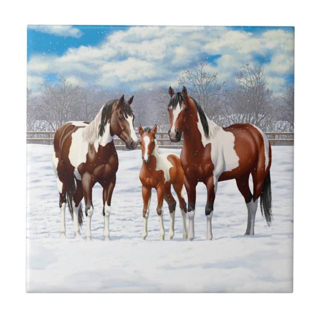 Bay Pinto Paint Horses In Winter Snow Tile (Front)