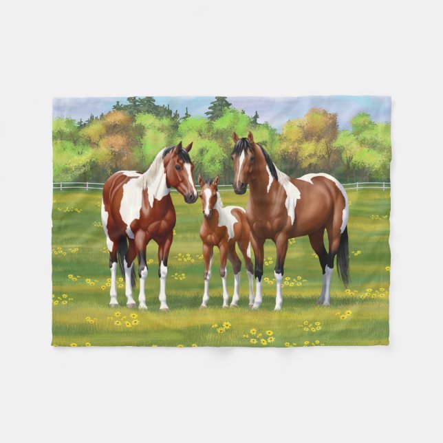 Bay Pinto Paint Quarter Horses In Summer Pasture Fleece Blanket (Front (Horizontal))