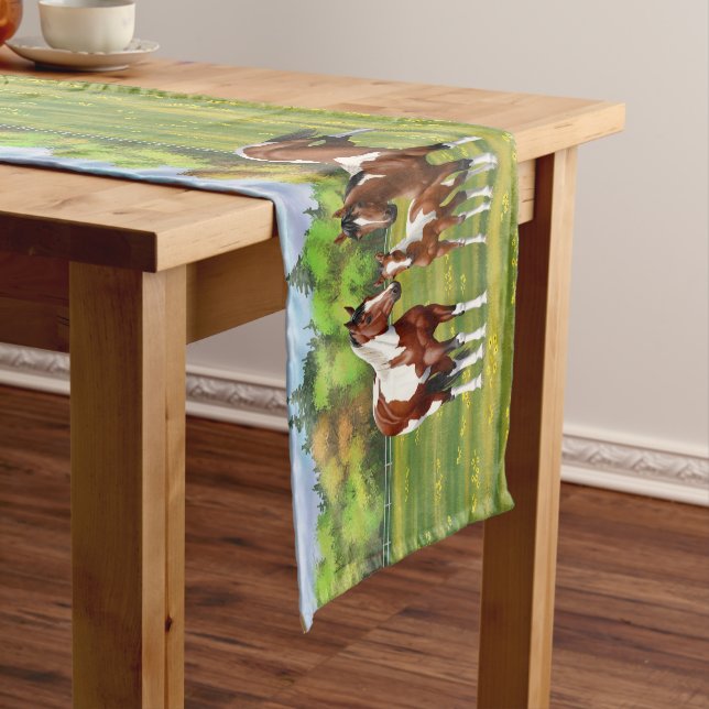 Bay Pinto Paint Quarter Horses In Summer Pasture Short Table Runner (In Situ)