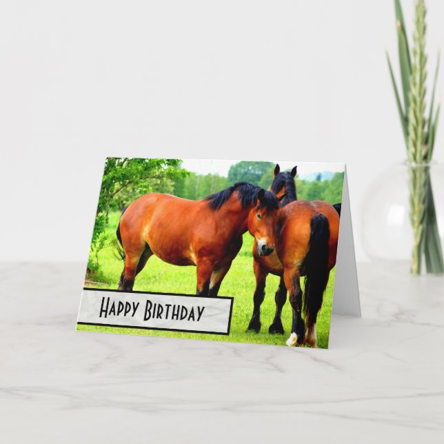 Bay Polish Bred Draught   Horses Happy Birthday Card (Front)