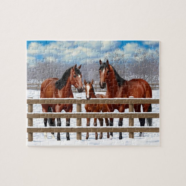 Bay Quarter Horses In Snow Jigsaw Puzzle (Horizontal)
