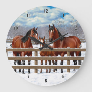 Bay Quarter Horses In Snow Large Clock
