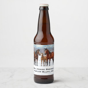 Bay Quarter Horses In Snow Personalised Beer Bottle Label