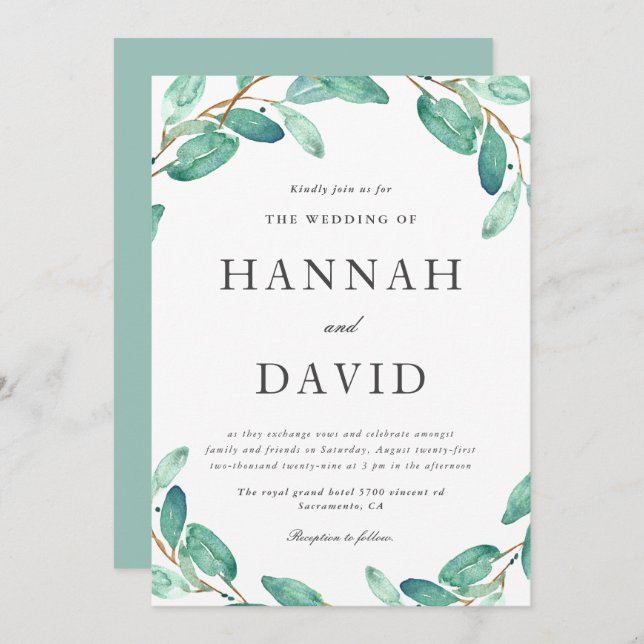 Bayou Botanicals | Greenery on White Wedding Invitation (Front/Back)