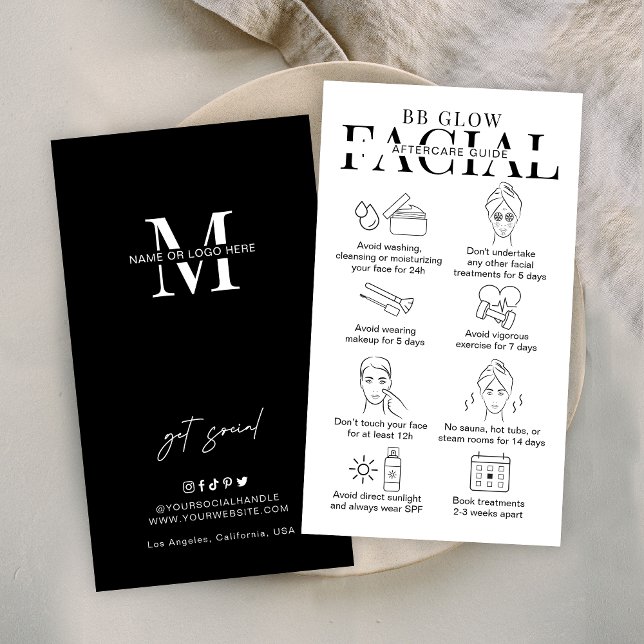 BB Glow Facial Aftercare Instructions Minimalist Business Card (Modern BB Glow Facial post-treatment care instructions cards in black and white design)