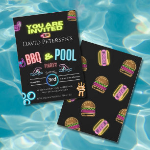BBQ and Pool Party Neon Birthday Invitation