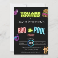 BBQ and Pool Party Neon Birthday Invitation