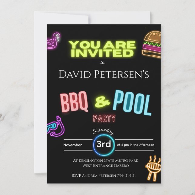 BBQ and Pool Party Neon Birthday Invitation (Front)