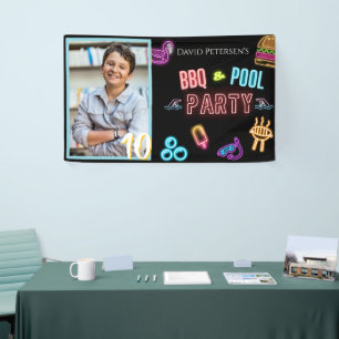 BBQ and Pool Party Neon Photo Birthday  Banner