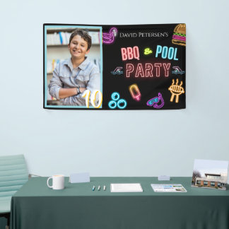 BBQ and Pool Party Neon Photo Birthday Banner