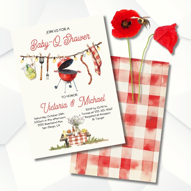 BBQ Baby-Q Baby Shower Gingham clothesline Invitation (Creator Uploaded)