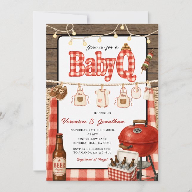 BBQ Baby Shower Backyard Grill Red Gingham Wood Invitation (Front)
